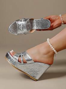 Nuevas sandalias/pantuflas de mujer con plataforma y cuña gruesa - Plateado - Ver 3