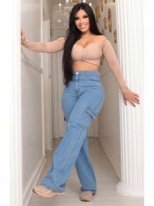 Calça Wide Leg Cargo Jeans Clara Feminina - Estilo e Conforto em Alta - Lavagem clara - Visão 5