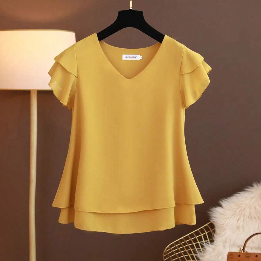 2026 nueva blusa de verano para mujer, camisa holgada de gasa con cuello en V, blusa de manga corta para mujer, camisas de gran tamaño, tops y blusas para mujer - Amarillo Mostaza - Ver 1