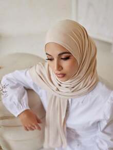 1pc Plus Size Soft Casual Solid Color Knitted Headscarf/Scarf For Women,Holiday,Travel Essential - Beige - View 3