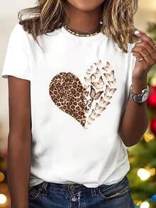 Nueva Camiseta de Manga Corta con Cuello Redondo, Estampado de Leopardo, Corazón y Mariposa, Diseño de Estampado de Patrón de Moda Única - Moda Elegante - Y2K - Camiseta Deportiva Casual para Mujer de Manga Corta Sin Cuello en V, Talla S-XXL - Blanco - Ver 2