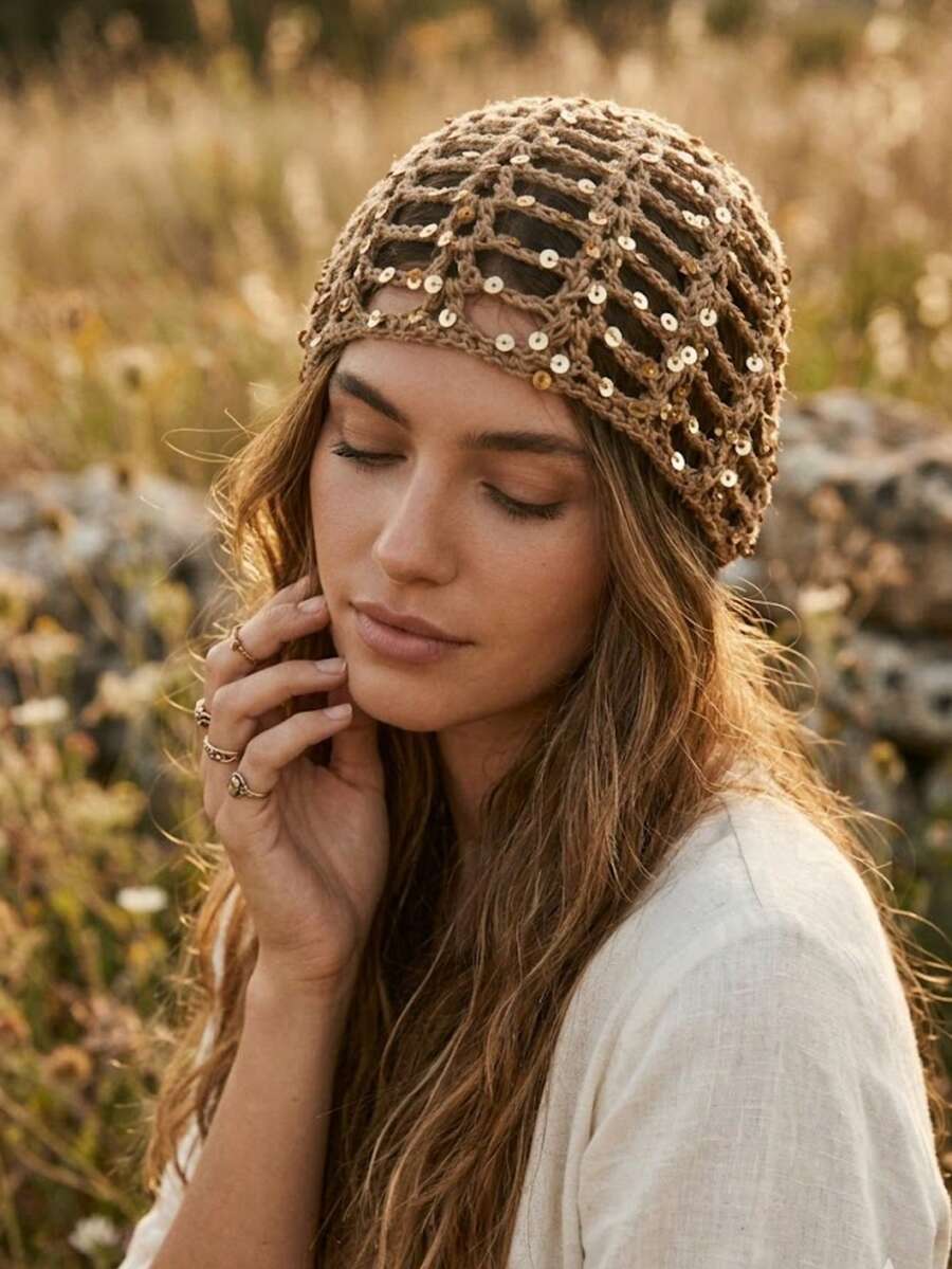 Mũ len nữ đính sequin khoét lỗ, kiểu dáng mùa hè mới, thời trang, có hiệu ứng nâng cơ mặt. Hoàn hảo cho mặc hàng ngày, dự tiệc, hẹn hò và làm quà tặng. - Nhiều kiểu dáng - Xem 1