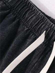 Men's 290g White Flame Graphic Print Drawstring Shorts, Casual Loose Fit Streetwear Knee Length Shorts, Y2K Black Acid Wash Fire Pattern Shorts, Heavyweight Washed Cotton Summer Shorts For Street Style, Daily Wear & Vacation - màu đen - Xem 3