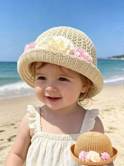 1pc Baby Girls' Floral Decor Sun Hat, Kids' Breathable UV Protection Beach Hat, Suitable For Spring, Summer, Autumn