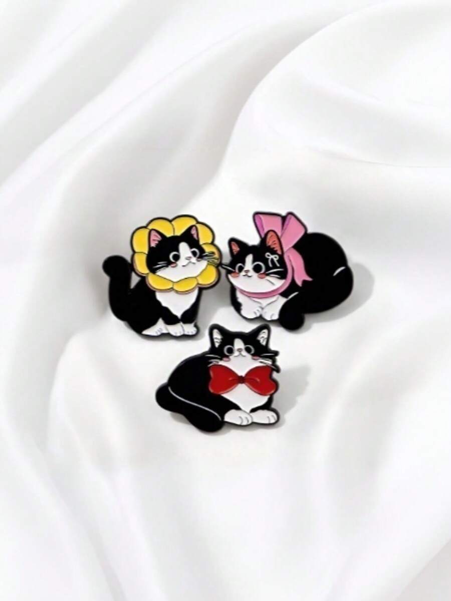 3pcs Cute Black Cat Cartoon Brooch, Original Design Cat Enamel Brooch, Adorable Pet Lapel Pin, Student Backpack Accessory Gift, Clothing & Bag Decor Metal Animal Brooch Badge - A - View 1