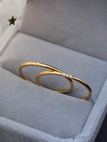 2pcs Exquisite Stainless Steel Rings With 1 Diamond And 3 Diamonds, Luxury Titanium Steel Jewelry, Suitable For Teenage Girls Daily Wear - Gold - View 4