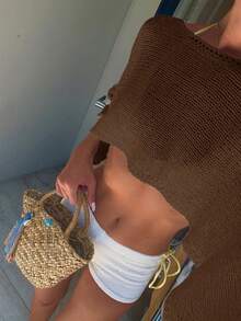 女款休閒性感 Y2K 透視輕盈露肩針織毛衣披肩，海灘罩衫度假夏季上衣 - 卡其色 - 查看 5