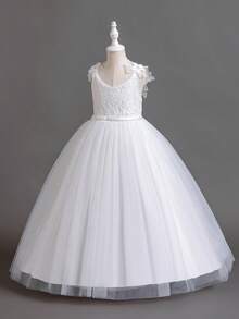 Tween Girl Children Long Dress Suspender Princess Gown, Christmas Wedding Party Formal Dress For Flower Girl, Piano Recital Performance Outfit (Please Select Size According To Bust Measurement) - White - View 6