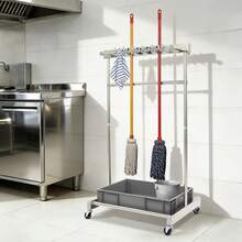 RainWeel Broom And Mop Holder, Freestanding Mobile Cleaning Tool Storage Rack, Mop And Broom Holder With 5 Mop Holders & 12 Hooks, Floor Standing Cleaning Tool Cart Storage For Home, Garden, Garage, School, Hospital - Silver + Gray - View 8