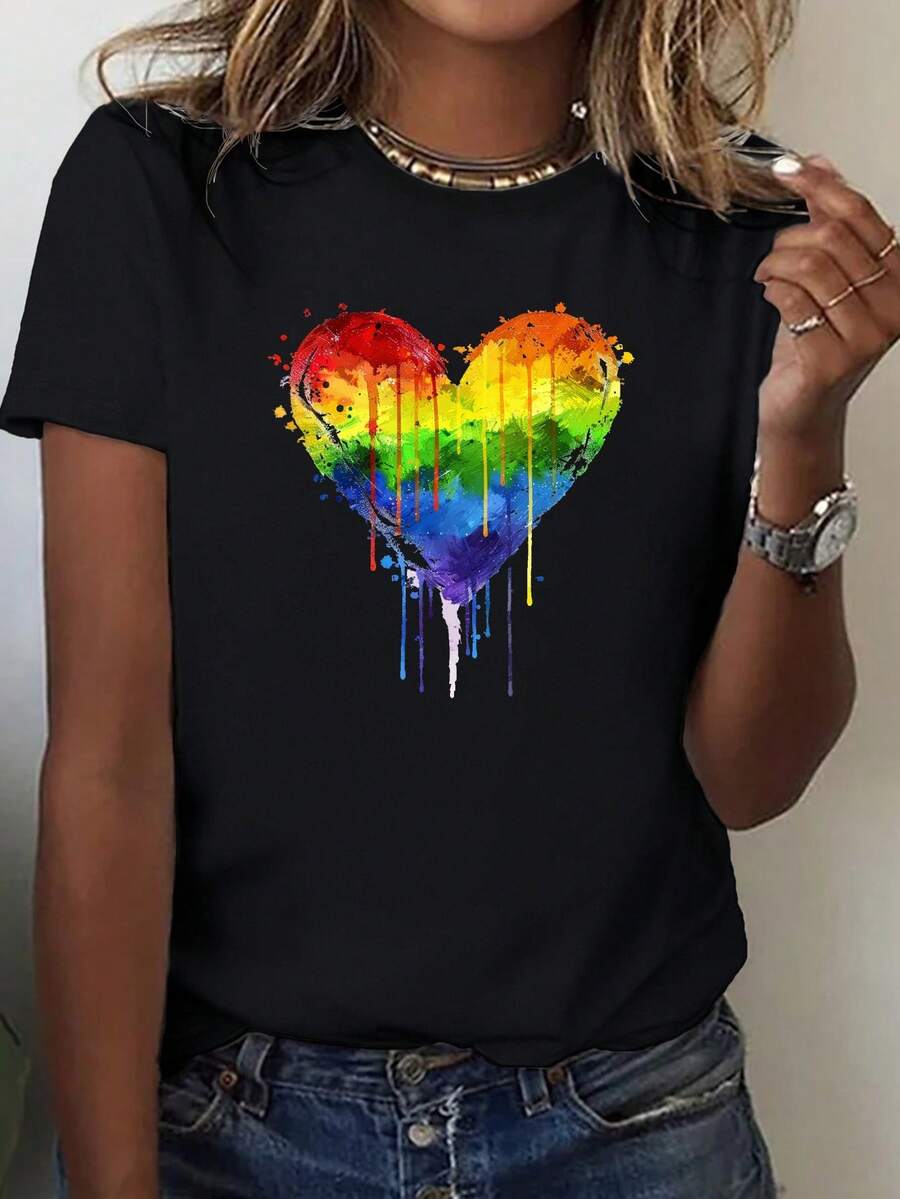 Rainbow Heart Print Crew Neck T-shirt, Casual Short Sleeve Top For Spring & Summer, Women's Clothing