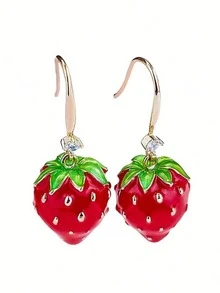 1 Pair Cute Strawberry Design Rhinestone Inlaid Dangle Earrings, Minimalist Versatile Daily Wear For Women - Multicolor - View 5