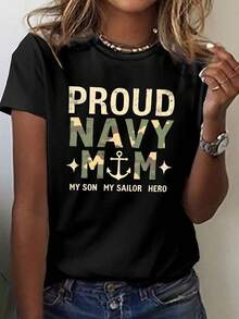 Camiseta de cuello de tripulación de manga corta con un diseño para madres marinos orgullosas, perfecta para primavera y verano, ropa de mujer - Negro - Ver 2