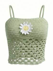 Women's Y2K Style "Sweet And Spicy" Crochet Knit Cropped Camisole Top, With 3D Floral Applique Decor On Bust For Added Sweetness. Open-Knit Mesh Design Is Breathable And Fashionable, Suitable For Beach Vacation, Music Festivals Or Casual Daily Wear - Green - View 8