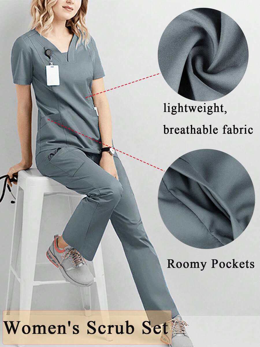 Women's Scrub Set With Pockets. Durable V-Neck Top Paired With Cargo Pants Fall - Grey - View 1