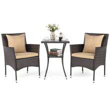 Set Of 3 Patio Wicker Bistro Set 2 Rattan Chairs W/Double-Tier Tempered Glass Table - 米色 - 查看 10