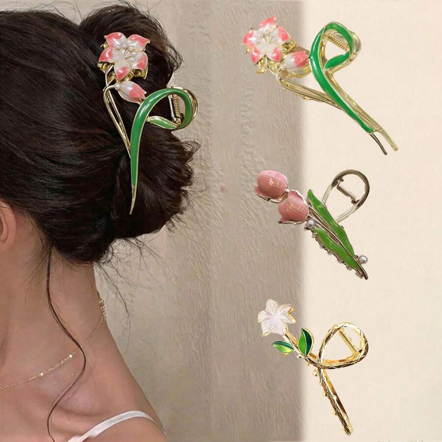 3件套彩色金属发夹，乡村风花卉设计，包含郁金香花朵，甜美优雅，适合女性佩戴，可作发爪、发夹、发卡、发饰，秋冬度假装扮及夏季佩戴。