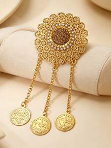 1 pezzo Spilla vintage floreale colorata, ciondolo con nappina a moneta d'oro, adatta come fermaglio per sciarpa, ideale per uso quotidiano e vacanze delle donne, regalo per San Valentino, Festa della Mamma - Oro giallo - Visualizzare 6