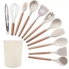 12pcs Silicone & Wooden Handle Non-Stick Kitchen Spatula & Ladle Set, Including Soup Spoon And Skimmer, Cooking Utensils Set - Multicolor - View 15