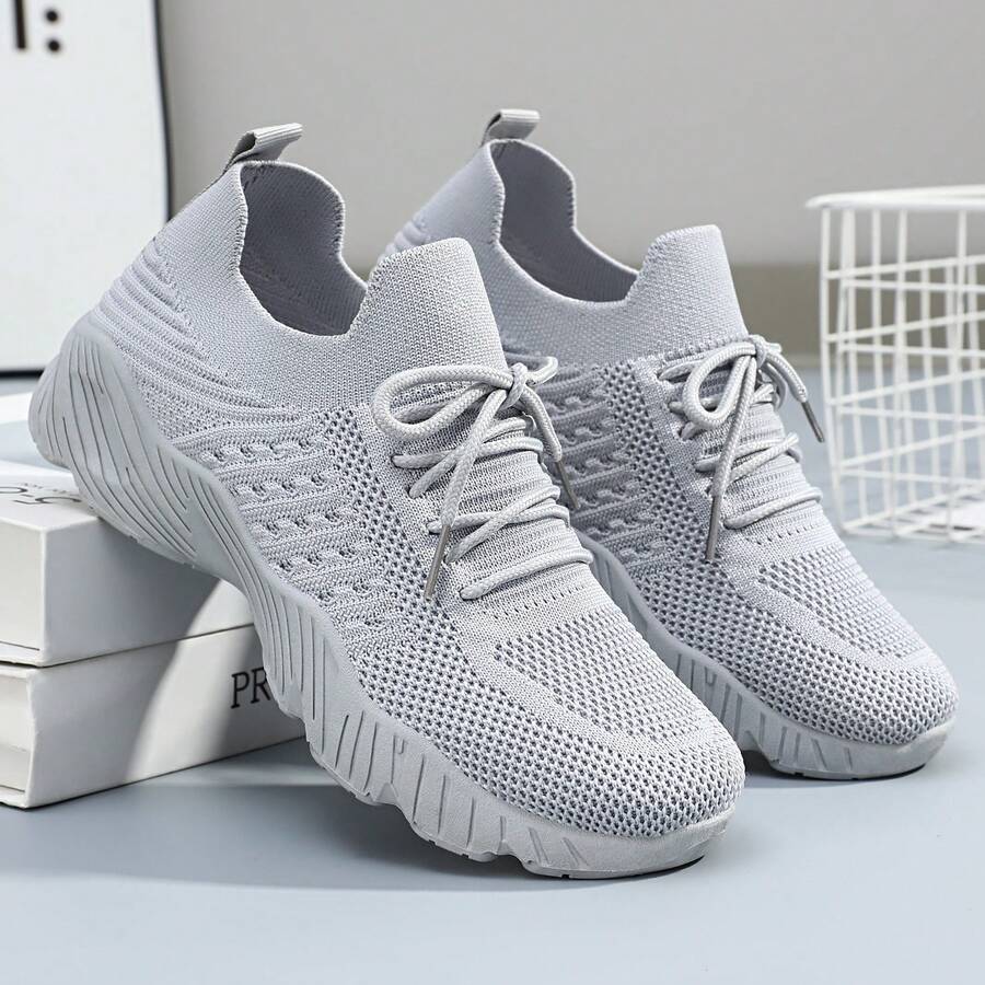 2025 New Style Women's Casual Sports Shoes Solid Color Lace-Up Slip-On Wear-Resistant Eva Insole Women's Tennis Shoes Indoor Exercise Outdoor Hiking Autumn And Winter Women's Shoes - 灰色 - 查看 1