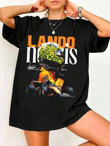 L-Landos N-Norris Counterfeit Vintage T-Shirt #4 M-McLarens F1 Helmet, Retro FormulaS 1 Style - Black - View 1