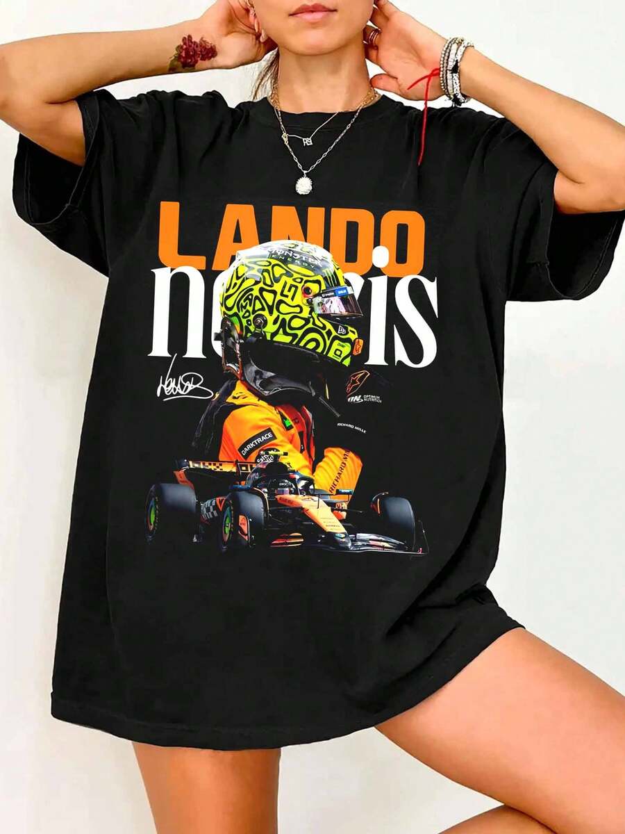 L-Landos N-Norris Counterfeit Vintage T-Shirt #4 M-McLarens F1 Helmet, Retro FormulaS 1 Style - Black - View 1
