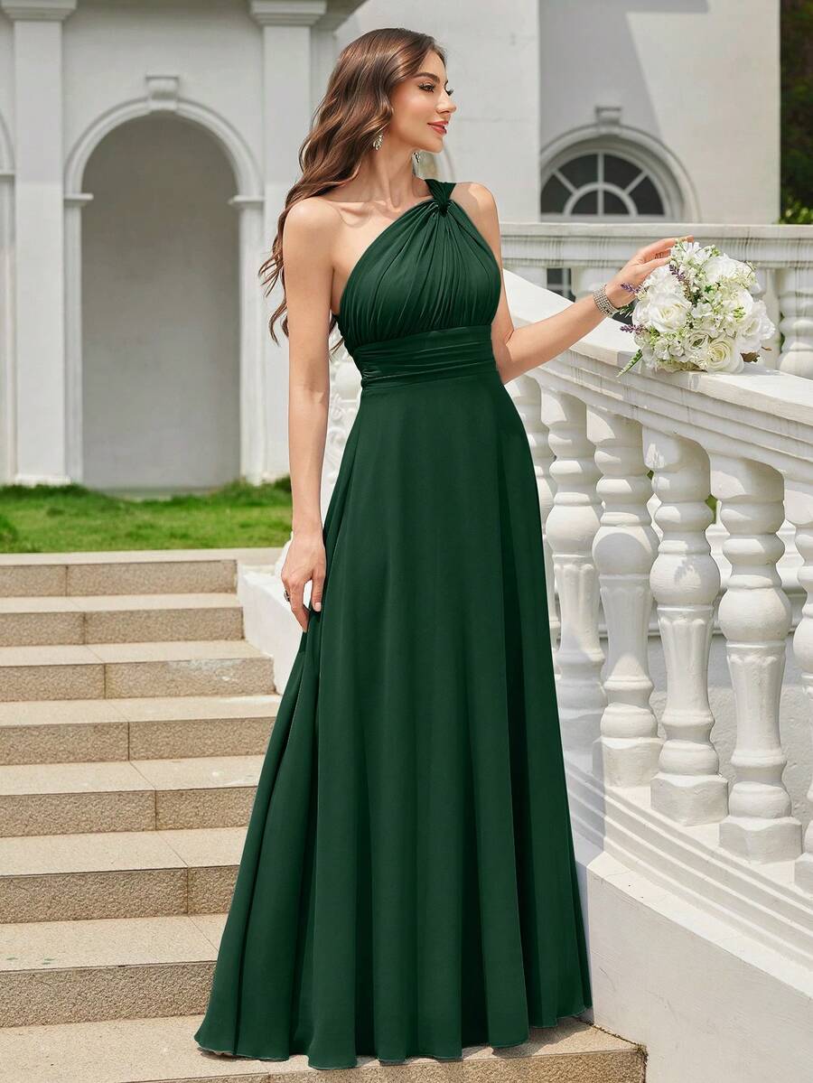 Volly Toych Deep Green Elegant Chiffon Asymmetric Neck Maxi Dress With Ruched Knot Design, Suitable For Formal Occasions And Wedding Guests