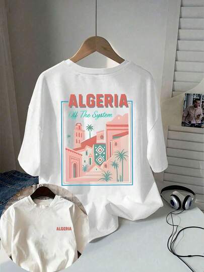 Algerian Geometric Double-Sided Printed T-Shirt, Women'S  Artistic Casual Round-Neck Short-Sleeve Top, Base Layer, Spring And Summer Street Style, Women'S ClothingRelaxed Plus Size T-Shirt