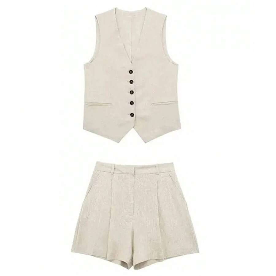 Conjunto liso Vintage para mujer, chaleco sin mangas con cuello de pico y botones, Top + bolsillos, pantalón corto elegante salvaje para ir al trabajo, verano 2024 - Traje beige - Ver 1