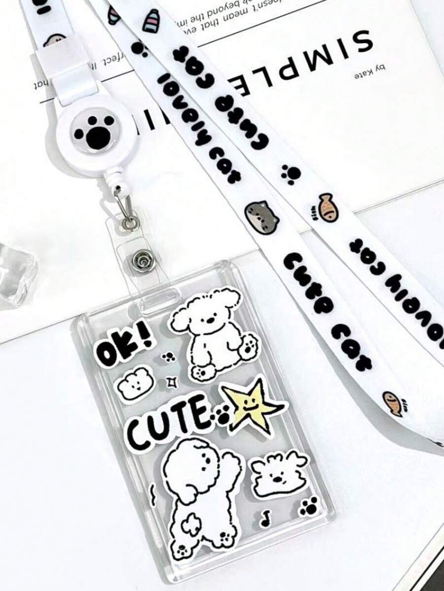Creative Cute Cat & Dog Card Holder, Sliding Transparent Design, Anti-Loss, School Card, Meal Card - Multicolor - View 1