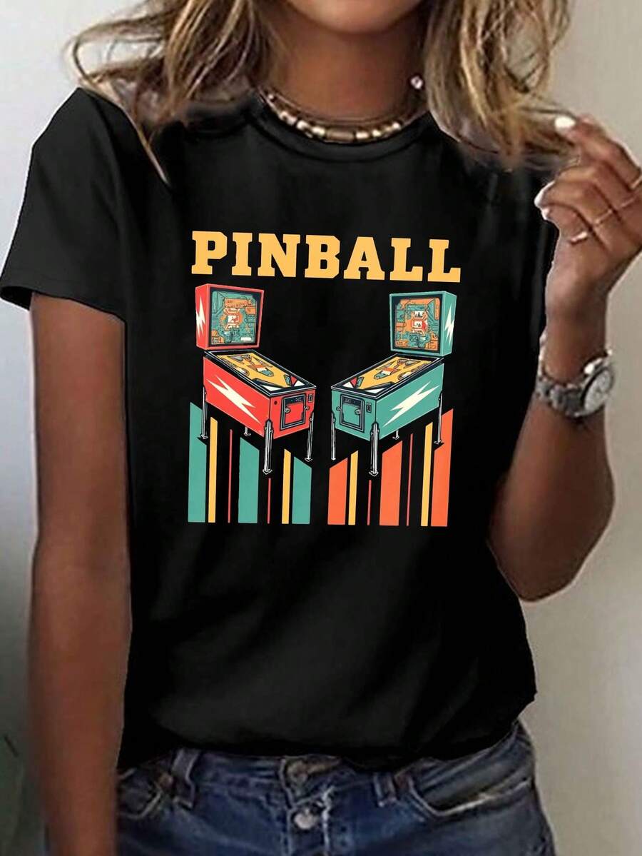 Camiseta gráfica Vintage Pinball Máquinas de las mujeres - manga corta cuello de la tripulación Top casual con Bold PINBALL texto y impresión geométrica colorida, medio estiramiento tela lavable en la máquina para el verano y la primavera, máquinas de pinball para adultos, relajado ajuste camisa, tee textura suave
