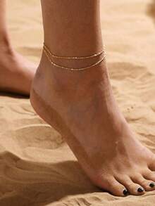 1 Stück minimalistischer wasserdichter Edelstahl-Perlen-Fußkettchen, Legierung mit Anti-Oxidationsschicht, romantisches Geschenk für Freundin, geeignet für Strand, Party, Schwimmen, tägliches Tragen - Dreibeiniger goldener Fußkettchen - Übersicht 2