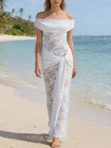 Vestido Largo Mujer de Encaje Hombros Descubiertos o Strapless con Nudo Ajustado Elegante Formal Fiesta Noche - Blanco - Ver 2