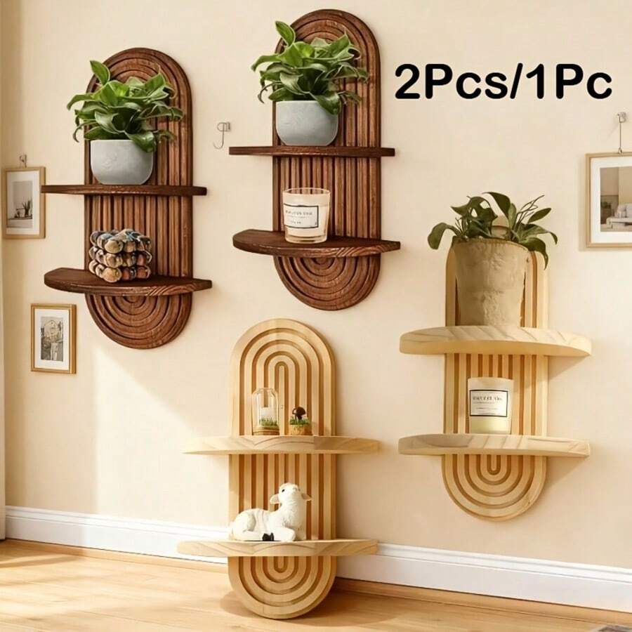 Wenqik Boho Wall Shelf Rainbow Arch Wooden Floating Shelf Mid Century Bohemian Hanging Holder Double Vintage Wall Mount Altar Decor For Nursery Bedroom - 查看 1