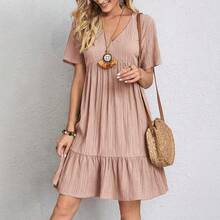 Vestido liso de verano para mujer, informal, bohemio, con cuello en V, manga corta, volantes, suelto, línea A, Mini vestido elegante para fiesta en la playa, Vestidos de calle - Rosa - Ver 1