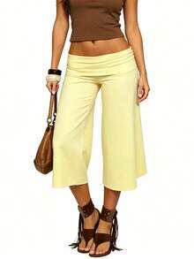 Women Yoga Capri Pants Wide Leg Cropped Pants With Fold Over Waistband For Fitness Workout Light Grey Lounge Pants For Women Elastic Waist 3/4 Length Pants Casual Culottes Trousers For Daily Wear - 淺黃 - 查看 6