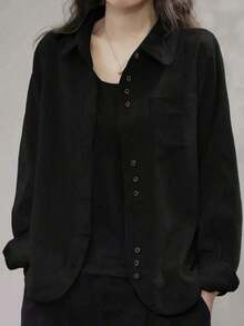 Camisa de mujer de pana con botones, de ajuste relajado, chaqueta de cárdigan de manga larga de moda informal, blusas holgadas con bolsillo para otoño 2025 y primavera - Negro - Ver 1