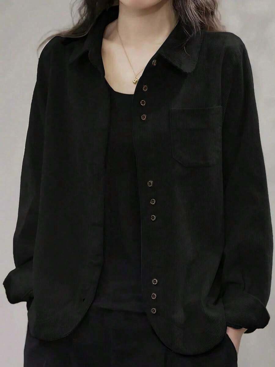 Camisa de mujer de pana con botones, de ajuste relajado, chaqueta de cárdigan de manga larga de moda informal, blusas holgadas con bolsillo para otoño 2025 y primavera - Negro - Ver 1