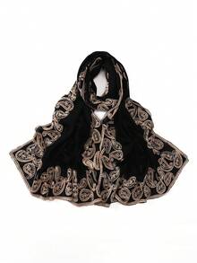 FADZOYLE 1pc Flower Paisley Embroidered Chiffon Hijab Black Muslim Women Scarf With Detailed Embroidery Soft Lightweight Shawl Wrap For Gift Daily Party Prayer Abaya Matching Accessories - Multicolor - View 8