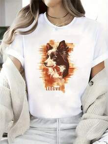 Camiseta Gráfica de Borde Collie para Mujer - Diseño Artístico de Pinceladas, Ajuste Cómodo y Elástico, Top Casual y Deportivo para Todas las Estaciones, Lavable a Máquina, Moda Diaria | Camiseta Moderna y de Moda | Tejido No Transparente - Blanco - Ver 2