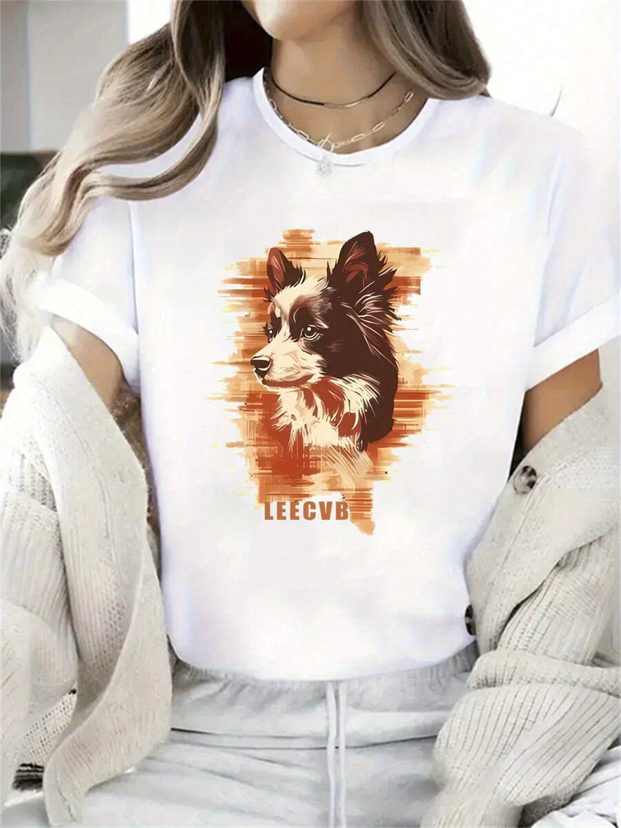 Camiseta Gráfica de Borde Collie para Mujer - Diseño Artístico de Pinceladas, Ajuste Cómodo y Elástico, Top Casual y Deportivo para Todas las Estaciones, Lavable a Máquina, Moda Diaria | Camiseta Moderna y de Moda | Tejido No Transparente