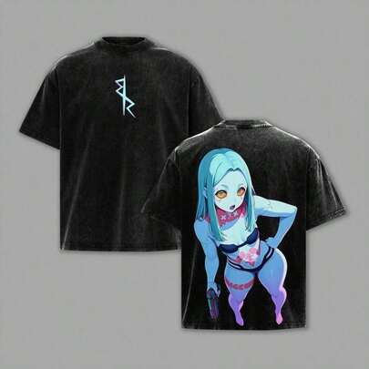 Rebecca Cyberpunk Edgerunners Anime Sudadera con Capucha/T-Shirt de Algodón Gráfico Vintage Lavado Oversize Pesado|   Edición neón rosa psicópata