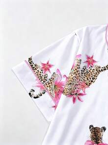 2pcs/Set Women's Pajama Set, Leopard Print, Women's Loungewear, Spring/Summer Holiday Outfit, Short Sleeve Top And Shorts Set - White - View 5