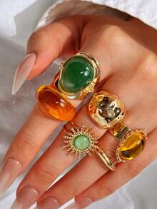 6 pièces Ensemble de bagues vintage de luxe polyvalentes, exquises et élégantes avec un design géométrique unique incrusté de jade. Bagues en métal doré épaisses pour femmes, convenant pour une utilisation quotidienne, la décoration de fête et comme cadeau de bijoux - Multicolore - Voir 7