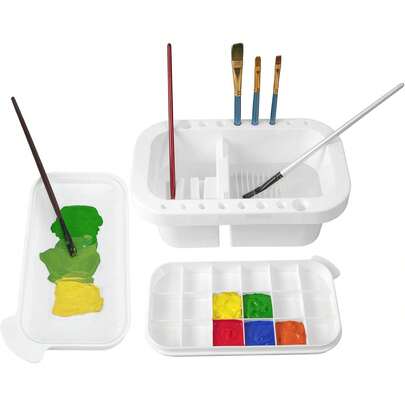 Dụng cụ vệ sinh cọ, giá đựng cọ và hộp đựng cọ, kèm khay pha màu, thích hợp cho sơn acrylic, màu nước và sơn gốc nước.