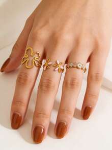 3pcs 18K Gold Plated Stainless Steel Non-Fading Geometric, Floral, Egg-Shaped Adjustable Waterproof Rings Set, Elegant Fashion Accessories For Women, Suitable For Daily, Beach, Party, Date Wear, Gift - Multicolor - View 1