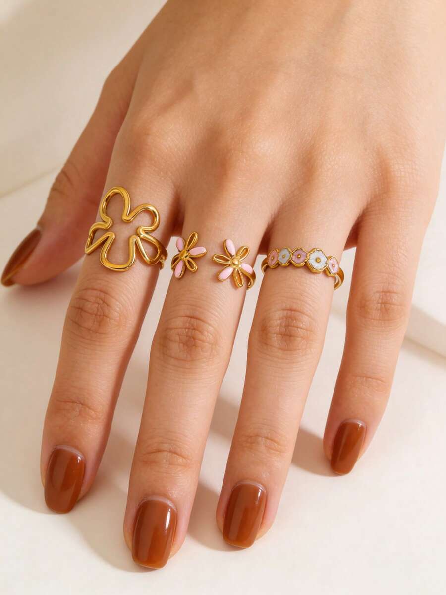3pcs 18K Gold Plated Stainless Steel Non-Fading Geometric, Floral, Egg-Shaped Adjustable Waterproof Rings Set, Elegant Fashion Accessories For Women, Suitable For Daily, Beach, Party, Date Wear, Gift - Multicolor - View 1