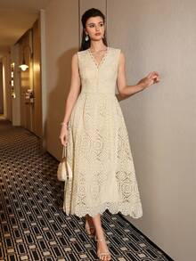 Women's New Elegant Lace Patchwork Design Minimalist Slimming Dress - Light Yellow - View 1