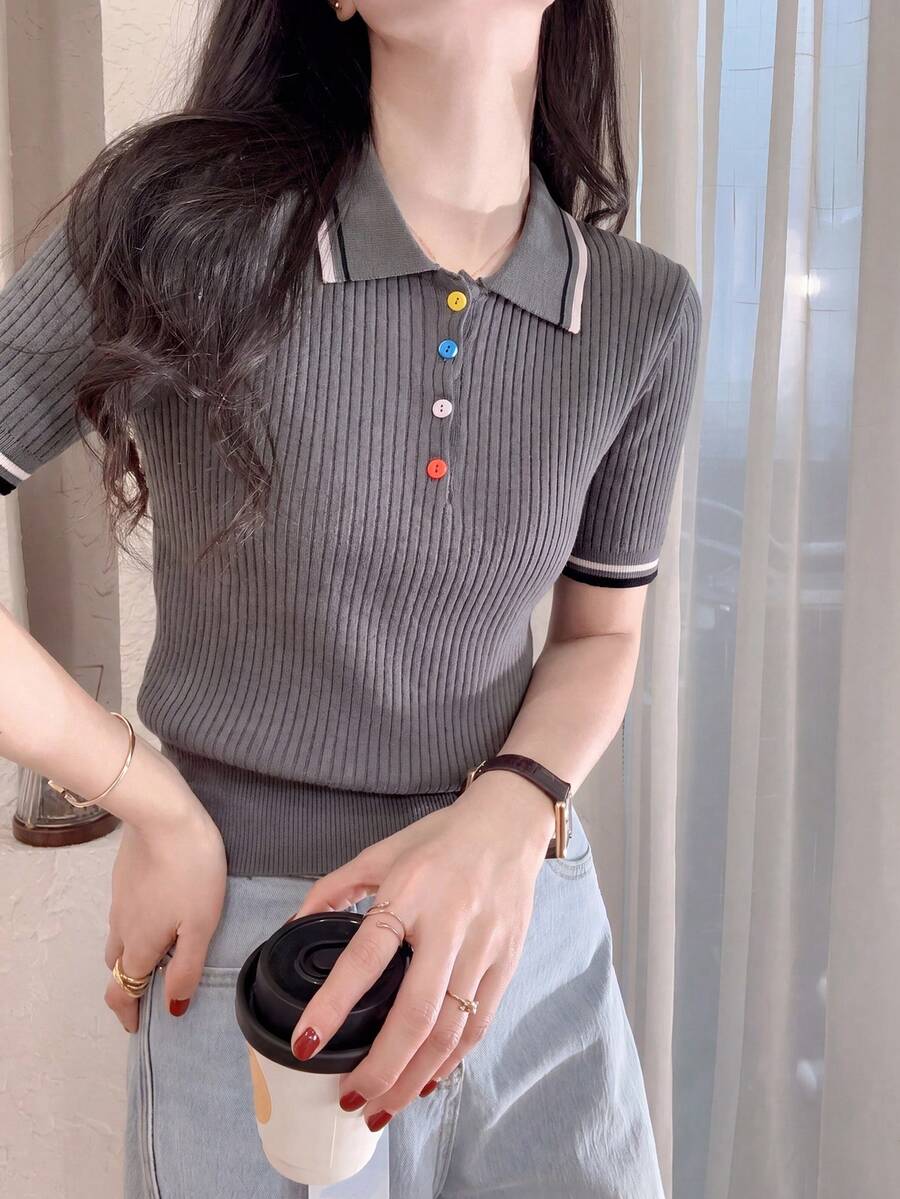 女士休闲彩色纽扣领短袖针织上衣,夏季 - 中花灰 - 查看 1