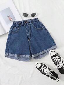 Shorts mezclilla bajo de doblez con lavado - Azul marino - Ver 1