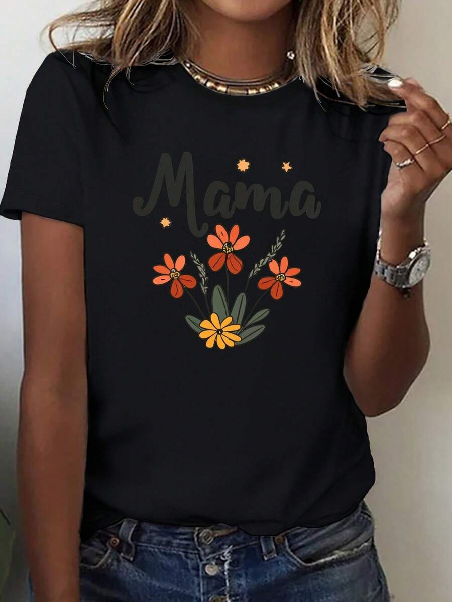 Mama Print Crew Neck T-shirt, Casual Short Sleeve Top For Spring & Summer, Women's Clothing